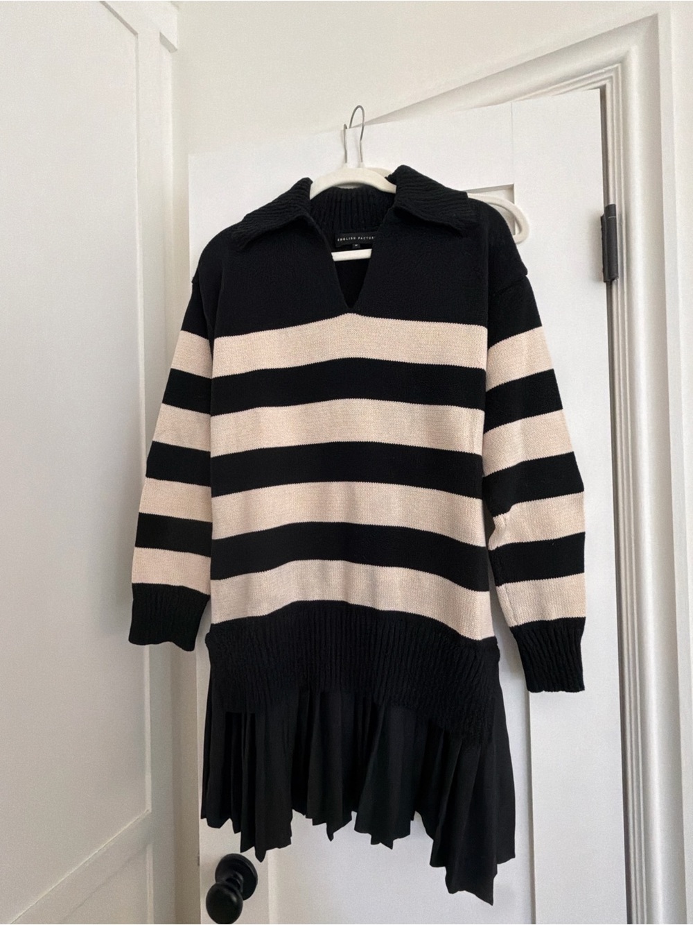 English Factory Striped Black and Cream Collared Knit Dress - M